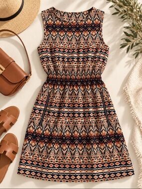 Suzy Shier Navy, Cream & Rust Tribal Print Sleeveless Dress